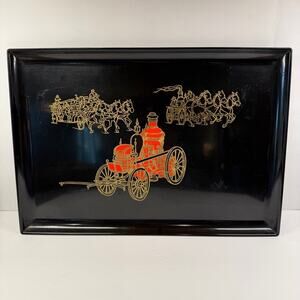 Vintage Couroc of Monterey MCM Horse-Drawn Fire Engine Inlay Large Black Tray
